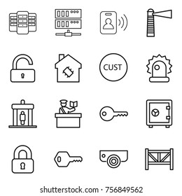 Thin line icon set : server, pass card, lighthouse, unlock, smart house, customs, alarm, detector, inspector, key, safe, locked, surveillance camera, farm fence