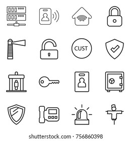 Thin line icon set : server, pass card, wireless home, lock, lighthouse, unlock, customs, protected, detector, key, identity, safe, shield, intercome, alarm, scarecrow