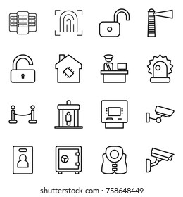 Thin line icon set : server, fingerprint, unlock, lighthouse, smart house, customs control, alarm, vip fence, detector, atm, surveillance, identity card, safe, life vest, camera