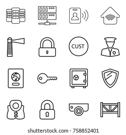 Thin line icon set : server, pass card, wireless home, lighthouse, lock, customs, security man, passport, key, safe, shield, life vest, locked, surveillance camera, farm fence