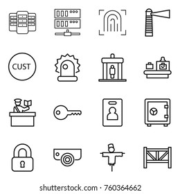 Thin line icon set : server, fingerprint, lighthouse, customs, alarm, detector, baggage checking, inspector, key, identity card, safe, locked, surveillance camera, scarecrow, farm fence