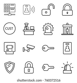 Thin line icon set : server, pass card, unlock, lock, customs, control, alarm, detector, atm, surveillance, key, identity, shield, locked