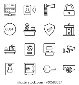 Thin line icon set : server, pass card, lighthouse, unlock, customs, control, protected, detector, baggage checking, passport, atm, surveillance, identity, safe, key, camera