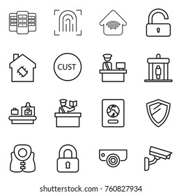 Thin line icon set : server, fingerprint, wireless home, unlock, smart house, customs, control, detector, baggage checking, inspector, passport, shield, life vest, locked, surveillance camera