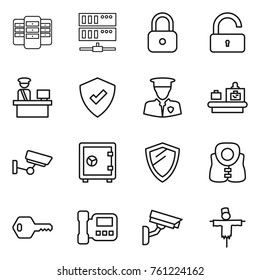 Thin line icon set : server, lock, unlock, customs control, protected, security man, baggage checking, surveillance, safe, shield, life vest, key, intercome, camera, scarecrow