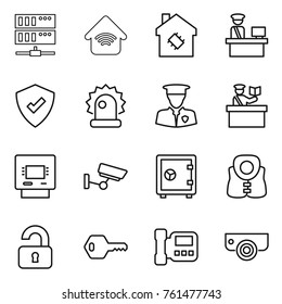 Thin line icon set : server, wireless home, smart house, customs control, protected, alarm, security man, inspector, atm, surveillance, safe, life vest, unlocked, key, intercome, camera