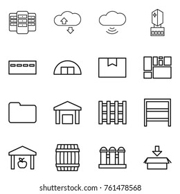 Thin line icon set : server, cloude service, cloud wireless, crystall memory, bunker, hangare, package box, consolidated cargo, documents, warehouse, pallet, rack, barrel, grain elevator