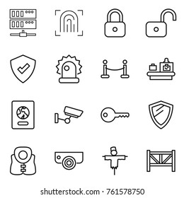 Thin line icon set : server, fingerprint, lock, unlock, protected, alarm, vip fence, baggage checking, passport, surveillance, key, shield, life vest, camera, scarecrow, farm