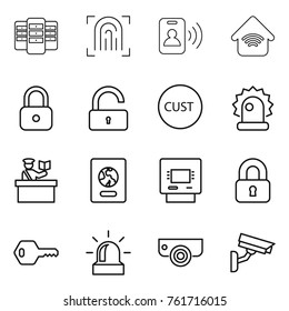 Thin line icon set : server, fingerprint, pass card, wireless home, lock, unlock, customs, alarm, inspector, passport, atm, locked, key, surveillance camera