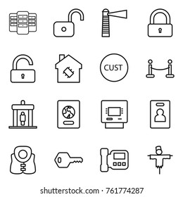 Thin line icon set : server, unlock, lighthouse, lock, smart house, customs, vip fence, detector, passport, atm, identity card, life vest, key, intercome, scarecrow