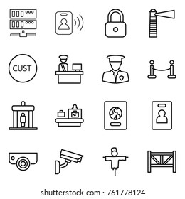 Thin line icon set : server, pass card, lock, lighthouse, customs, control, security man, vip fence, detector, baggage checking, passport, identity, surveillance camera, scarecrow, farm