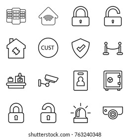 Thin line icon set : server, wireless home, lock, unlock, smart house, customs, protected, vip fence, baggage checking, surveillance, identity card, safe, locked, unlocked, alarm, camera