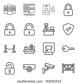 Thin line icon set : server, pass card, lock, unlock, customs control, protected, vip fence, baggage checking, atm, key, unlocked, surveillance camera, farm