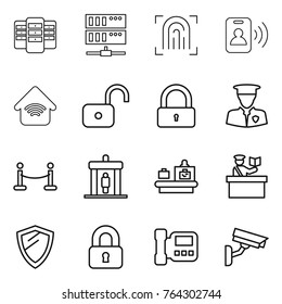 Thin line icon set : server, fingerprint, pass card, wireless home, unlock, lock, security man, vip fence, detector, baggage checking, inspector, shield, locked, intercome, surveillance camera