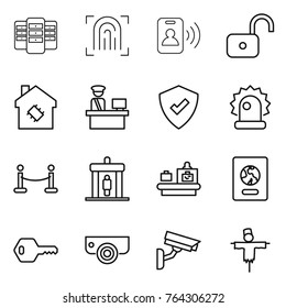 Thin line icon set : server, fingerprint, pass card, unlock, smart house, customs control, protected, alarm, vip fence, detector, baggage checking, passport, key, surveillance camera, scarecrow