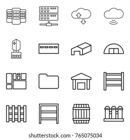 Thin line icon set : server, cloude service, cloud wireless, crystall memory, bunker, warehouse, hangare, consolidated cargo, documents, rack, pallet, barrel, grain elevator