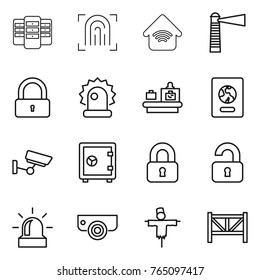 Thin line icon set : server, fingerprint, wireless home, lighthouse, lock, alarm, baggage checking, passport, surveillance, safe, locked, unlocked, camera, scarecrow, farm fence