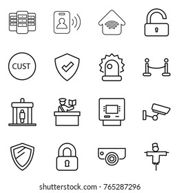 Thin line icon set : server, pass card, wireless home, unlock, customs, protected, alarm, vip fence, detector, inspector, atm, surveillance, shield, locked, camera, scarecrow