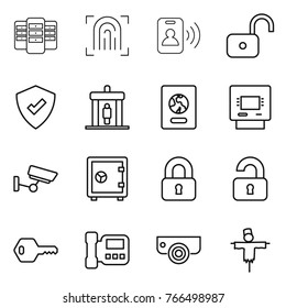 Thin line icon set : server, fingerprint, pass card, unlock, protected, detector, passport, atm, surveillance, safe, locked, unlocked, key, intercome, camera, scarecrow