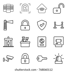 Thin line icon set : server, fingerprint, wireless home, unlock, lighthouse, lock, protected, vip fence, detector, inspector, passport, atm, surveillance, locked, key, alarm
