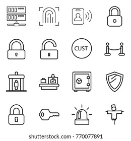 Thin line icon set : server, fingerprint, pass card, lock, unlock, customs, vip fence, detector, baggage checking, safe, shield, locked, key, alarm, scarecrow