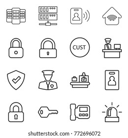 Thin line icon set : server, pass card, wireless home, lock, customs, control, protected, security man, baggage checking, identity, locked, key, intercome, alarm