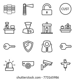 Thin line icon set : server, lighthouse, unlock, customs, control, security man, detector, baggage checking, key, shield, life vest, alarm, surveillance camera, scarecrow