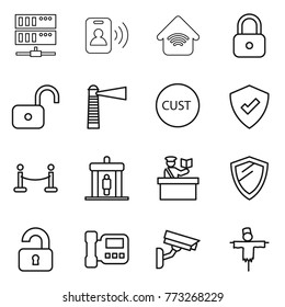 Thin line icon set : server, pass card, wireless home, lock, unlock, lighthouse, customs, protected, vip fence, detector, inspector, shield, unlocked, intercome, surveillance camera, scarecrow