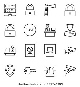 Thin line icon set : server, lock, lighthouse, unlock, customs, control, security man, baggage checking, passport, atm, surveillance, shield, key, alarm, camera