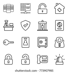 Thin line icon set : server, unlock, smart house, customs control, protected, detector, passport, key, identity card, safe, life vest, locked, unlocked, intercome, alarm