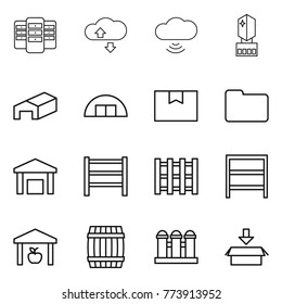 Thin line icon set : server, cloude service, cloud wireless, crystall memory, warehouse, hangare, package box, documents, rack, pallet, barrel, grain elevator