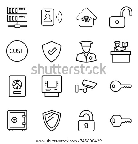 thin line icon set : server, pass card, wireless home, unlock, customs, protected, security man, inspector, passport, atm, surveillance, key, safe, shield, unlocked