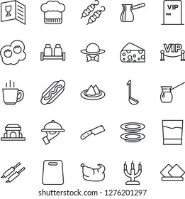 Thin Line Icon Set - serviette vector, cook hat, wine card, drink, coffee, plates, waiter, salt and pepper, cafe building, candle, vip zone, dress code, chicken, kebab, hot dog, ladle, cutting board