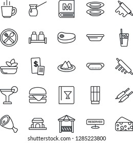 Thin Line Icon Set - serviette vector, cafe, wine card, menu, reserved, drink, cocktail, phyto bar, coffee, salad, plates, salt and pepper, building, alcove, restaurant receipt, steak, kebab, ham