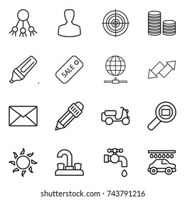 thin line icon set : share, man, target, coin stack, marker, sale, globe connect, up down arrow, mail, pencil, scooter shipping, cargo search, sun, water tap, car wash