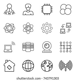 thin line icon set : share, woman, chip, atom core, round around, notebook connect, wireless, server, web cam, smart house, globe