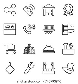 thin line icon set : share, call, warehouse, medal, tools, phone 24, truck shipping, hotel, baggage trolley, service bell, repair, rag, wrench, skysrcapers cleaning, floor washing