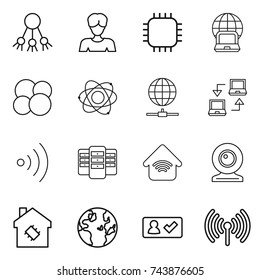 thin line icon set : share, woman, chip, notebook globe, atom core, connect, wireless, server, home, web cam, smart house, check in
