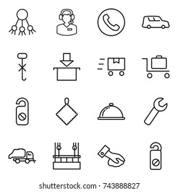 thin line icon set : share, call center, phone, car shipping, do not hook sign, package, fast deliver, baggage trolley, distrub, rag, meal cap, wrench, trash truck, skysrcapers cleaning, wiping