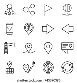 thin line icon set : share, flag, globe connect, phone wireless, dollar pin, right arrow, left, lighthouse, geo, location details, map, route, compass, reload