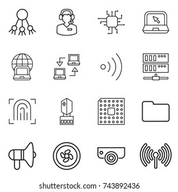 thin line icon set : share, call center, chip, notebook, globe, connect, wireless, server, fingerprint, crystall memory, cpu, documents, loudspeaker, cooler fan, surveillance camera