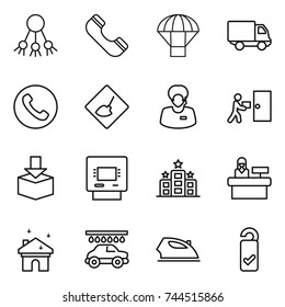 thin line icon set : share, phone, parachute, delivery, under construction, support manager, courier, package, atm, hotel, reception, house cleaning, car wash, iron, please clean