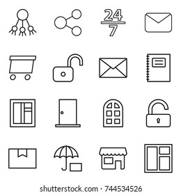 thin line icon set : share, 24 7, mail, delivery, unlock, copybook, window, door, arch, package box, insurance, shop