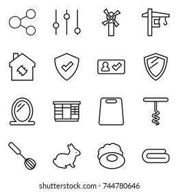 thin line icon set : share, equalizer, windmill, tower crane, smart house, protected, check in, shield, mirror, wardrobe, cutting board, corkscrew, whisk, rabbit, soap, towel