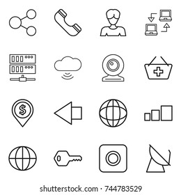 thin line icon set : share, phone, woman, notebook connect, server, cloud wireless, web cam, add to basket, dollar pin, left arrow, globe, sorting, key, ring button, satellite antenna