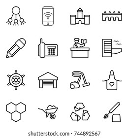 thin line icon set : share, phone wireless, castle, bridge, pencil, inspector, hotel, handwheel, garage, vacuum cleaner, apron, honeycombs, wheelbarrow, recycling, toilet brush