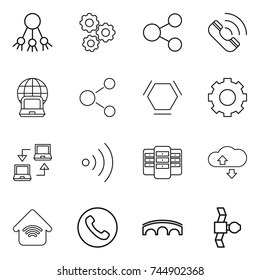 thin line icon set : share, gear, call, notebook globe, molecule, hex, connect, wireless, server, cloude service, home, phone, bridge, satellite