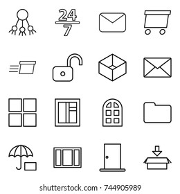 thin line icon set : share, 24 7, mail, delivery, unlock, box, window, arch, documents, insurance, door, package