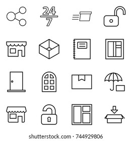 thin line icon set : share, 24 7, delivery, unlock, shop, box, copybook, window, door, arch, package, insurance, unlocked