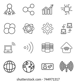 thin line icon set : share, diagram, chip, atom core, round around, notebook connect, wireless, server, home, globe, check in